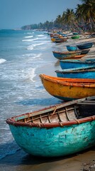 Obraz premium Colorful traditional fishing boats lined up on a sandy beach with palm trees