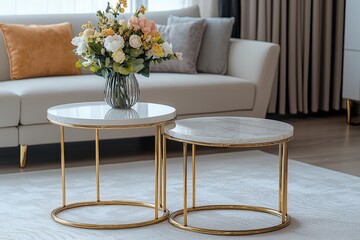 Two round side tables with white marble tops and gold metal legs, one next to sofa on floor with flower vase, another at eye level, placed on white carpet in modern interior