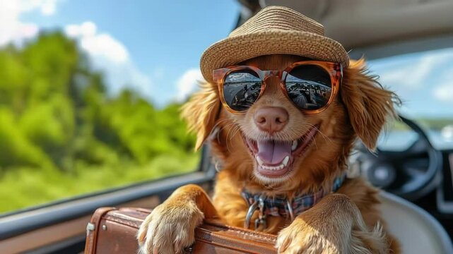 Happy dog in sunglasses and hat enjoying a boat ride on a sunny day