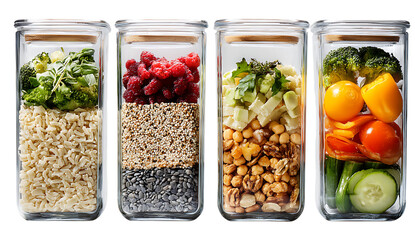 4 meal preps in glass containers with chicken, shrimp, and black beans. Top view, flat lay. Gourmet food concept for work or school lunch.