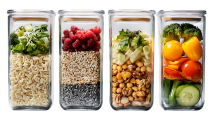 4 meal preps in glass containers with chicken, shrimp, and black beans. Top view, flat lay. Gourmet food concept for work or school lunch.