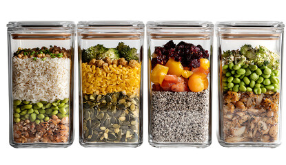 4 meal preps in glass containers with chicken, shrimp, and black beans. Top view, flat lay. Gourmet food concept for work or school lunch.