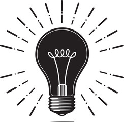 Black silhouette of a bulb with rays in flat vector style, glowing idea concept symbol, simple innovation and creativity icon, isolated graphic in PNG format on white background