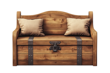 Rustic wooden chest bench evokes feelings of treasure and comfort with soft pillows against a on transparent background