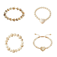 Obraz premium Assorted bracelets made of seashells and pearls on white background 