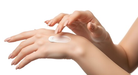 Elegant female hands applying a nourishing cream for a daily skincare routine. Concept of gentle self-care, dermatology, and body wellness on an isolated white background.
