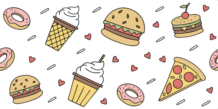 Sweet Treats and Savory Bites: A delightful pattern featuring various popular food items like donuts, ice cream, burgers, and pizza slices, interspersed with small hearts and sprinkles.