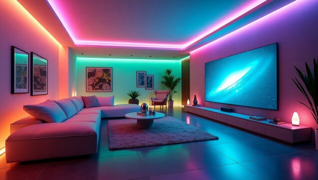 Modern Living Room with Pink Teal and Orange L E D Strip Lighting