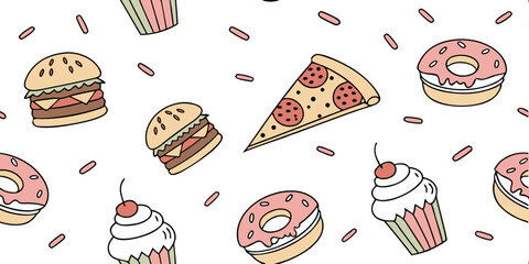 A Scrumptious Feast Pattern: A delightful assortment of delectable treats, from savory pizza slices to sweet cupcakes and donuts, is sprinkled across this mouthwatering pattern.