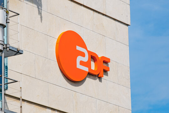 German public-service television broadcaster ZDF logo on the exterior of an office building in Medienhafen district of Dusseldorf