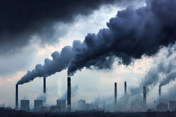 Smokestacks spewing black smoke into the sky, symbolizing industrial pollution