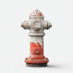 A weathered red and white fire hydrant with peeling paint stands isolated against a plain white background.