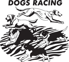 Dogs racing vector illustration, fast running dogs in competition, energetic pet race artwork, sporty canine motion design, playful dog track scene for background, game frame, or pet-themed decor