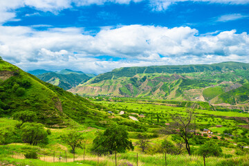 Beautiful view of a green mountain valley in good sunny weather. Dagestan