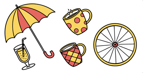 Whimsical Objects Collage: A bright collage of everyday items including a stylish umbrella, a refreshing drink, two cute mugs and a bike wheel.