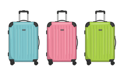 Vector set cartoon flat illustration of colorful suitcases isolated on white background. Blue, pink and green luggage travel bags with wheels. Modern polycarbonate suitcases for design, flyer, card.