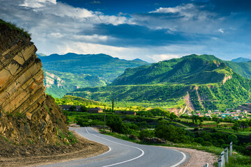 Picturesque mountain landscape with winding road in the mountains of the North Caucasus. Dagestan
