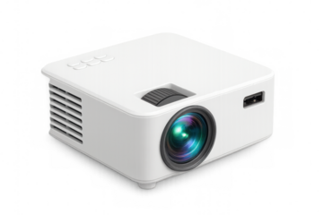 Modern portable video projector on transparent background, ideal for presentations and home cinema