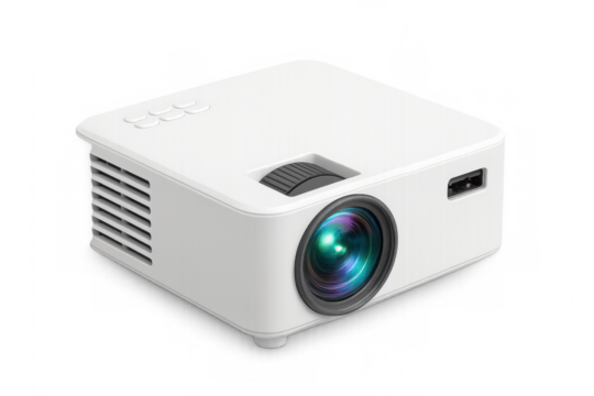 Modern portable video projector on transparent background, ideal for presentations and home cinema