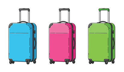 Vector set cartoon flat illustration of colorful suitcases isolated on white background. Blue, pink and green luggage travel bags with wheels. Modern polycarbonate suitcases for design, flyer, card.