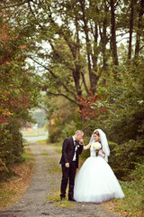 A bride and groom are walking down a path in the woods
