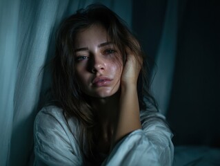 Woman in Sorrow: Capturing raw emotions in dim light, the image portrays a woman in despair, her expression reflecting profound sadness and unspoken grief.