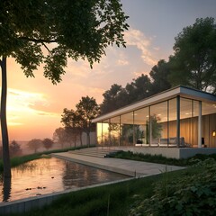 Modern Glass House by Pond at Sunset &ndash; Serene Nature Architecture
