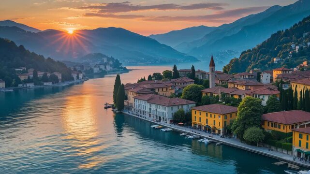 Aerial View of Sunset Over Beautiful Varenna: A Scenic Tour of Como Lake Village