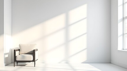 Minimalist Interior Design: Modern Armchair in Bright White Room with Sunlight, Simple Living, Contemporary Aesthetic
