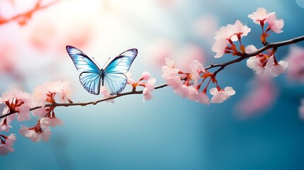 Beautiful blue butterfly rests on a branch of delicate pink cherry blossoms