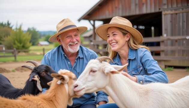 realistic medium shot photo of senior couple feeding goats on a farm laughing in straw hats and deni