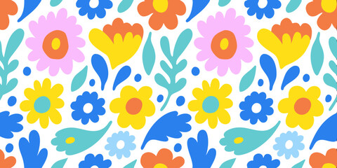Floral Delight: A vibrant, symmetrical, seamless pattern of stylized flowers and leaves, showcasing a playful and colorful design, perfect for backgrounds or textile applications.
