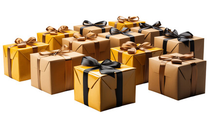 Fototapeta premium Beautifully wrapped presents sit together, featuring craft paper and ribbon accents, perfect for holiday gifts and special events transparent.