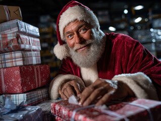 Santa's Workshop: A festive Santa, with a twinkle in his eye, wraps a Christmas present with care and warmth, surrounded by a mountain of beautifully wrapped gifts.