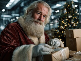 Santa Claus at the Workshop: The festive season comes to life as Santa Claus, amidst a factory setting, diligently wraps and prepares presents.