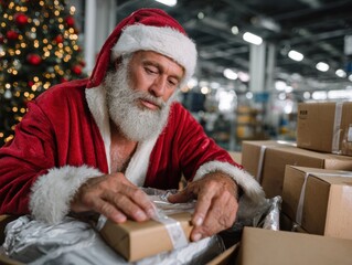 Santa's gift: Santa, weary but determined, meticulously checks and wraps presents in a workshop setting. a festive glow, with the warmth of the holiday season reflected in this candid moment.