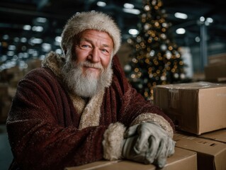Santa in the Warehouse: Santa Claus, with his iconic white beard and a jovial smile, takes a moment amidst a festive warehouse setting, surrounded by wrapped presents and a decorated Christmas tree.