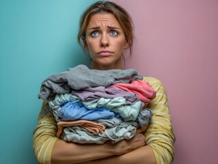 Overwhelmed by Laundry: A woman stares, seemingly burdened, as she clutches a large pile of colorful clean clothes, highlighting the everyday challenge.