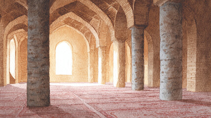 Obraz premium A Serene Overview of an Architectural Interior with Arched Ceilings and Natural Light Emphasizing Warm Colors and InvitingTextures in Historical Design