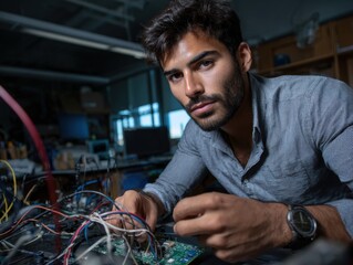 Intense Tech Engineer: A focused technician meticulously works on intricate electronic components, immersed in a world of circuits and wires.