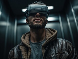 Immersive Reality Gaze: A man wears a VR headset within a dark elevator, representing the intersection of technology and personal experience.
