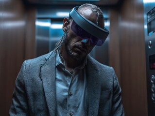 VR Experience in an Elevator: A man in a suit wearing a futuristic VR headset stands in an elevator, engrossed in a virtual reality experience. His expression suggests immersion and contemplation.