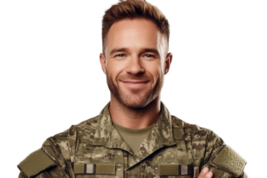 Confident male soldier in military uniform smiling with hands crossed, showcasing pride and commitment to service, standing against a neutral background