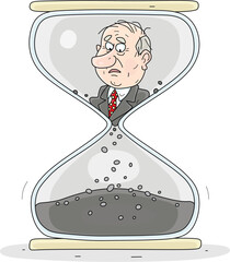 Hourglass with a sad government official whose time is running out, vector cartoon illustration on a white background