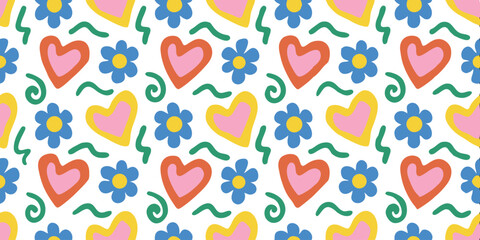 Colorful Hearts and Flowers Pattern: A playful pattern filled with vibrant pink hearts, blue flowers, and green swirls creates a cheerful and whimsical design.