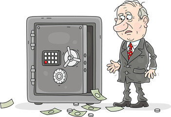Sad unlucky businessman in front of an open empty safe in his office, vector cartoon illustration isolated on a white background