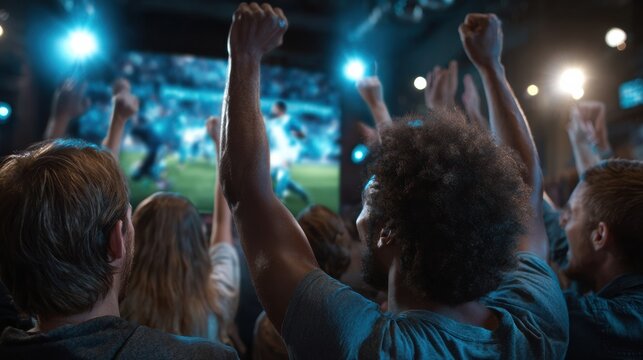 Cheering Crowd at Sports Event: A lively crowd of diverse sports fans raise their hands in exuberant celebration, engrossed in the excitement of a thrilling game displayed on a large screen.  