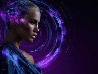 Woman with technology augmentation: A stunning woman is enhanced by futuristic technology, embodying the merging of human beauty and technological innovation.