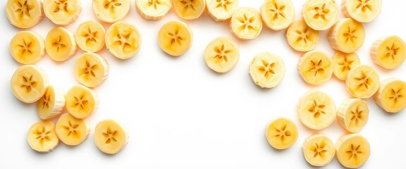 Fototapeta premium Sliced banana pieces arranged on a pure white background, viewed from directly above, ingredient, peel