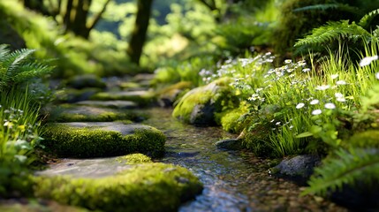 Naklejka premium Mossy stepping stones crossing a shallow stream with fern fronds and white wildflowers on the bank in a forest